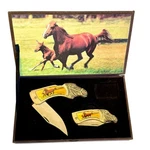 Vintage Western Horse Themed Collector Knife Set W/ Case. Fixed Price $22.00.